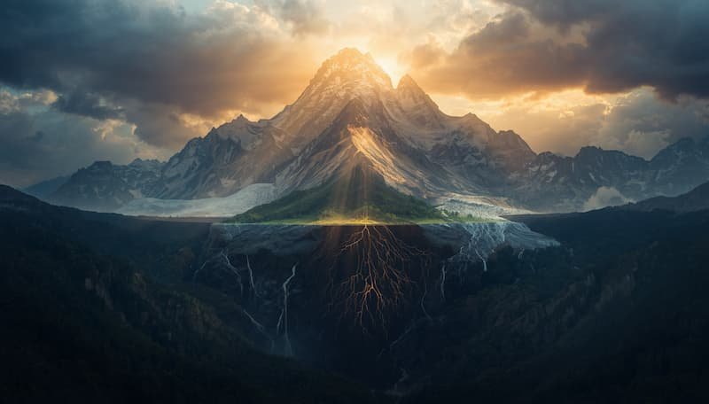 Dramatic conclusion image of a majestic mountain at sunrise with glowing golden roots extending deep into the Earth, symbolizing the profound relationship between Earth and mountains as geological stabilizers.